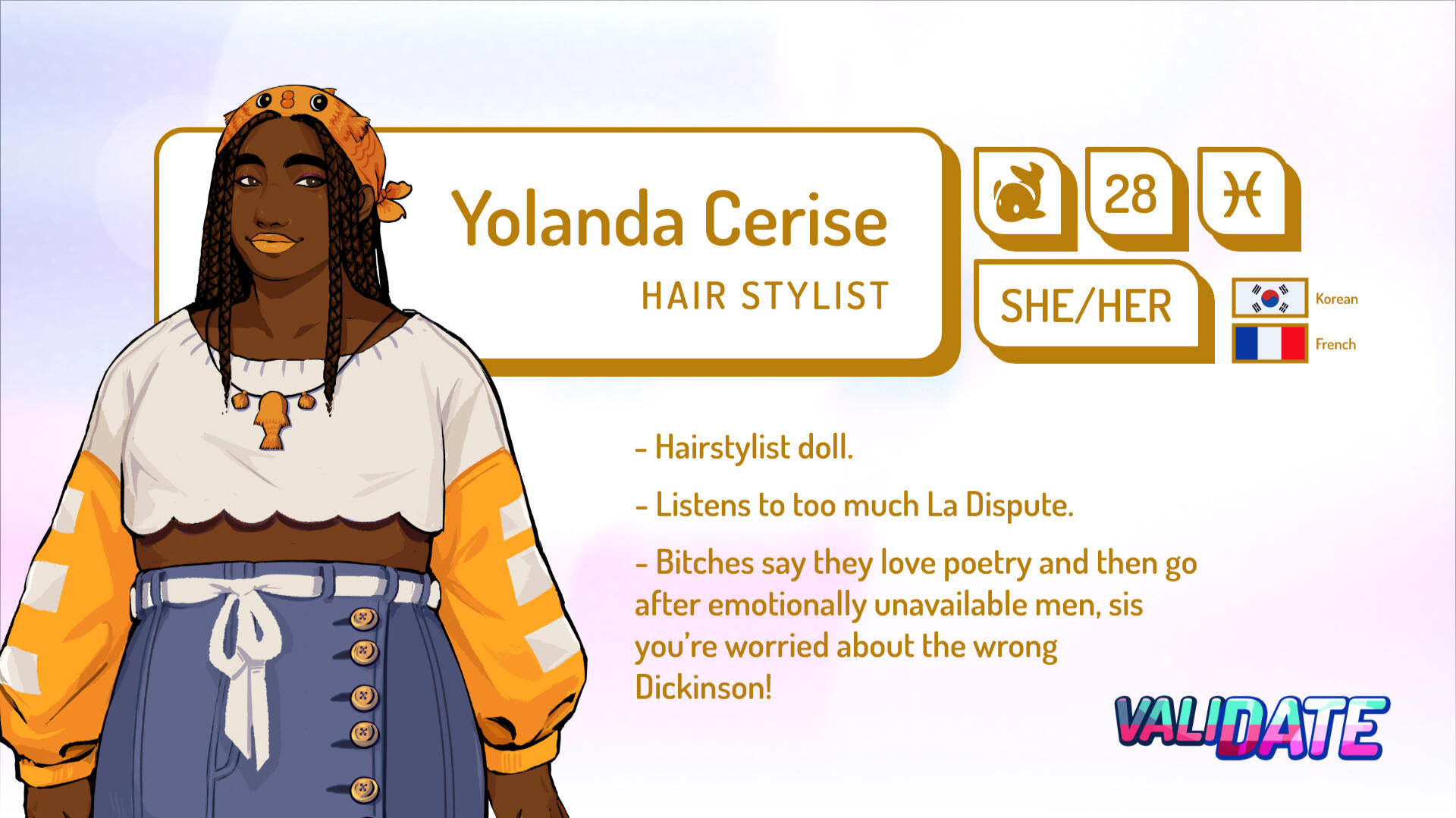 Yolanda Cerise | Hair stylist | 28 | She/her | Pisces | Korean and French | Hairstylist doll | Listens to too much La Dispute |